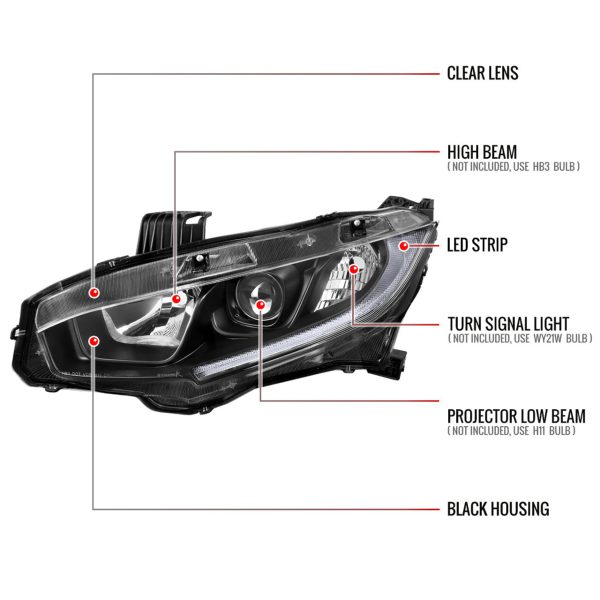 Spec-D Projector Headlights Honda Civic (2016-2021) OEM Factory Style w  LED Strip Supply